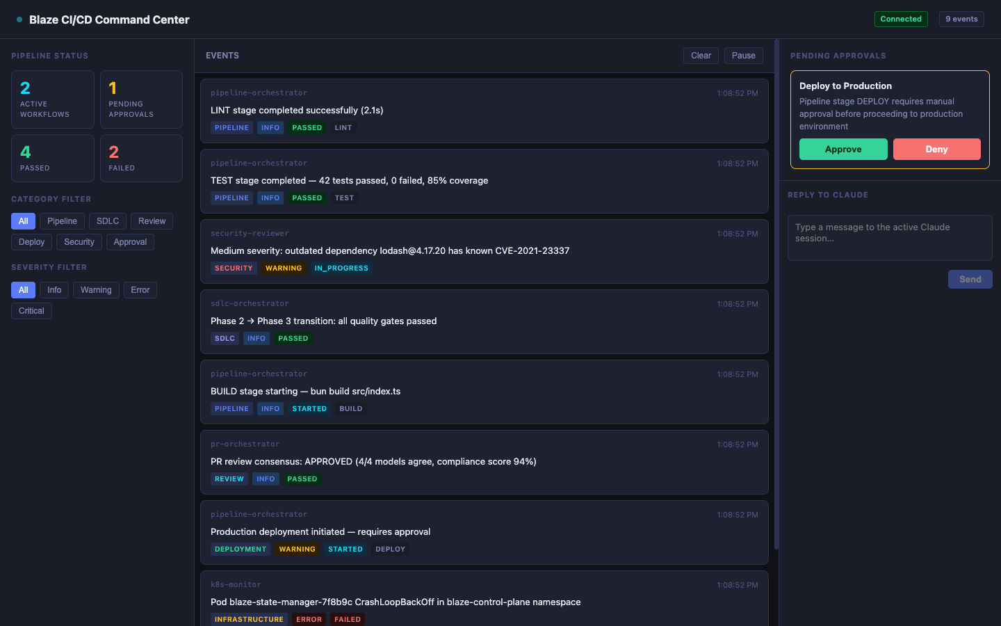 CI/CD Command Center — Desktop view with event feed, approval card, and pipeline stats